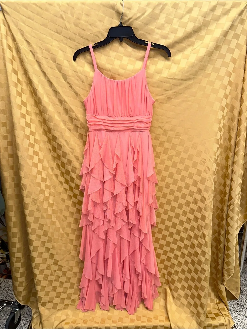 Rare Editions Coral Pink Ruffled Tiered Spaghetti Strap Dress
